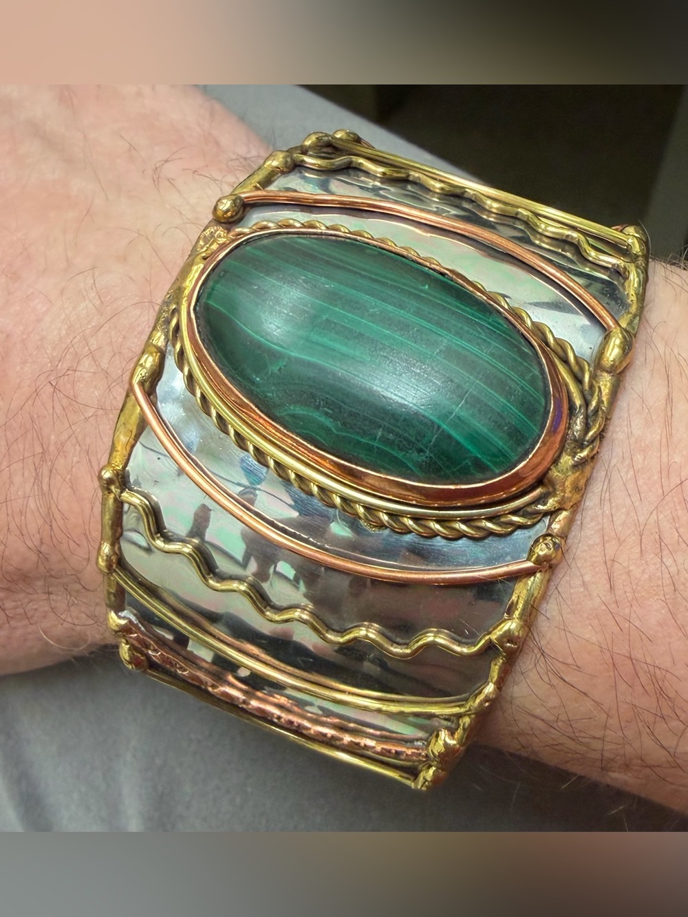 Anju Jewelry Mixed Metal Malachite Cuff Bracelet Stainless Steel Brass Boho